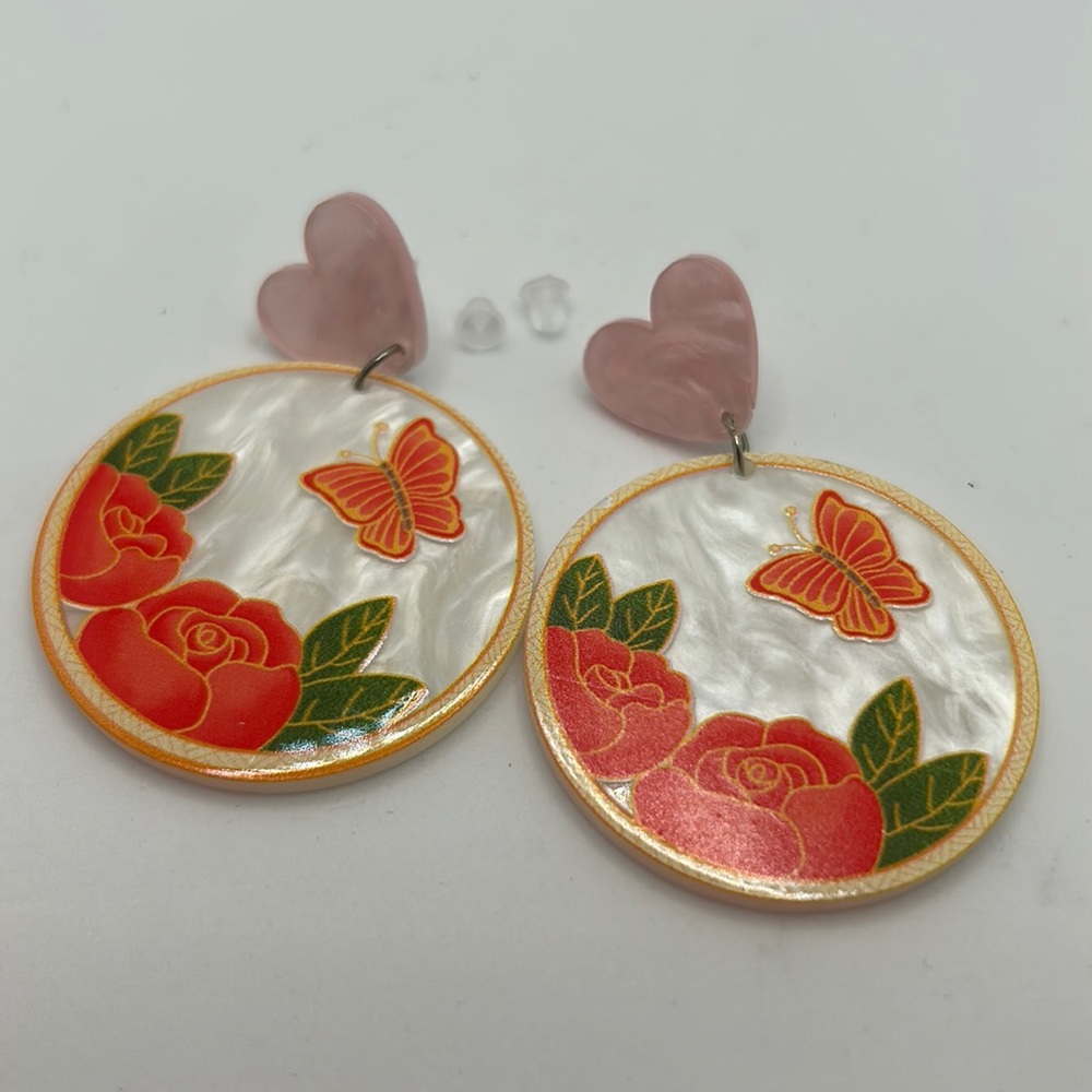 Pink Heart Round Rose Flowers Butterfly Fashion Earring Studs - Picture 1 of 2